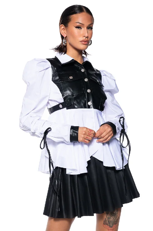 ALWAYS FABULOUS FAUX LEATHER DETAIL BUTTON DOWN BLOUSE