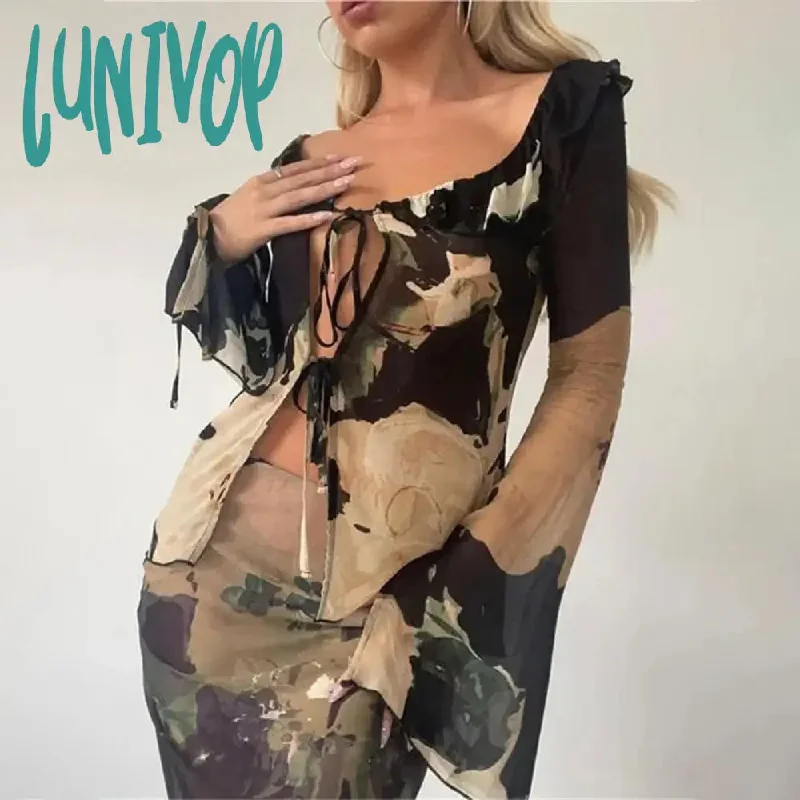 Lunivop Print Y2K Mesh Long Sleeve Top Shirts Green and Maxi Skirt Bodycon Sexy Two Piece Sets Beach Outfits Women Club