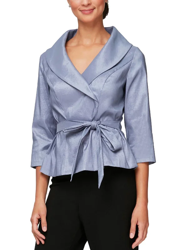 Petites Womens Taffeta Belted Blouse