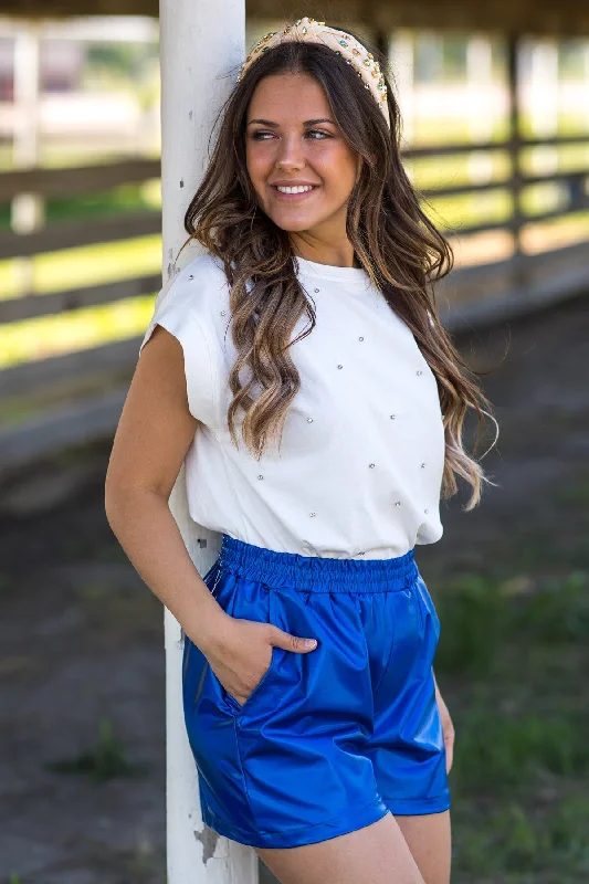 Blue Metallic Elastic Waist Shorts