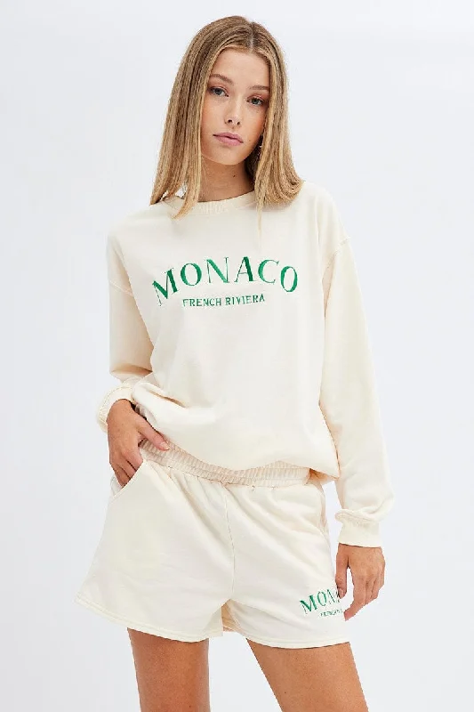 Cream Track Short Monaco Embroidery